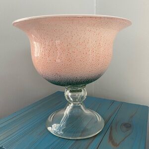 Vintage Hand Blown Art Glass Pedestal Compote Vase Peach Bubble Pontil